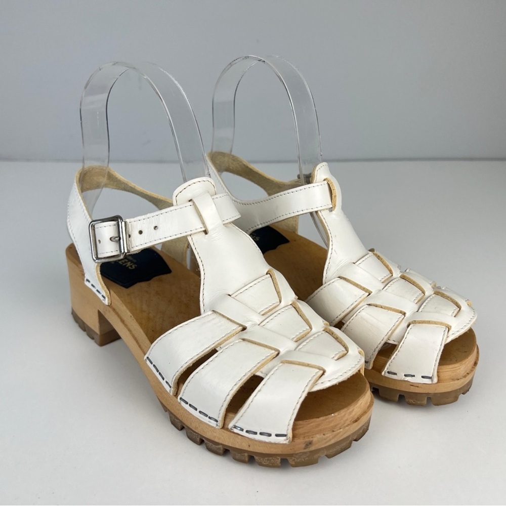 Swedish Hasbeens White Leather Clog Sandals